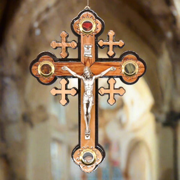 Handcrafted Olive Wood Crucifix with Holy Land Elements | Unique Religious Art from the Holy Land | Perfect Gift for Faith & Spirituality