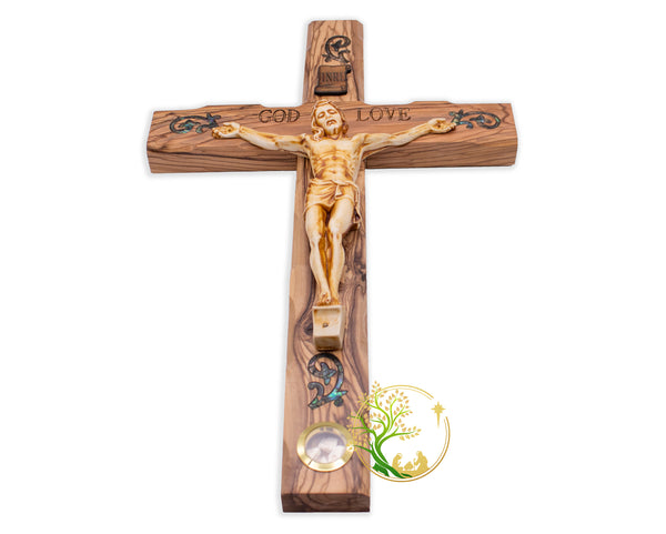 Wall Crucifix | Mother of Pearl wall cross from the Holy Land | Large crucifix for wall | Hand carved Olive wood cross