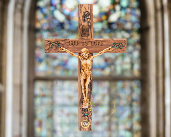 Wall Crucifix | Mother of Pearl wall cross from the Holy Land | Large crucifix for wall | Hand carved Olive wood cross