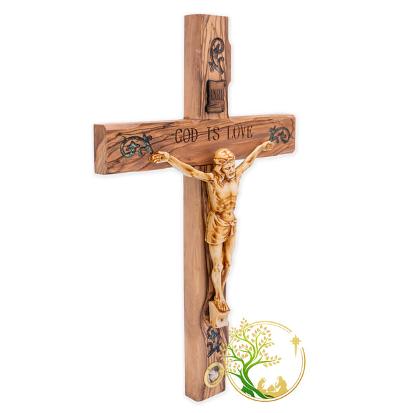 Wall Crucifix | Mother of Pearl wall cross from the Holy Land | Large crucifix for wall | Hand carved Olive wood cross