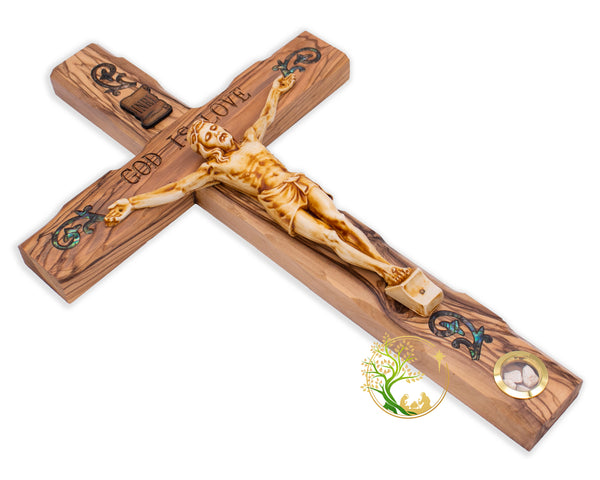 Wall Crucifix | Mother of Pearl wall cross from the Holy Land | Large crucifix for wall | Hand carved Olive wood cross