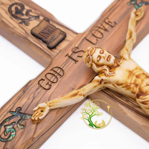 Wall Crucifix | Mother of Pearl wall cross from the Holy Land | Large crucifix for wall | Hand carved Olive wood cross