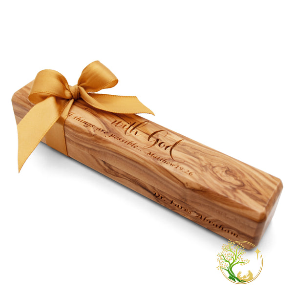 Olive wood Pen & Box | Christmas wooden pen box and pen gift from the Holy Land |wooden pen case engraved "with God all things are possible"