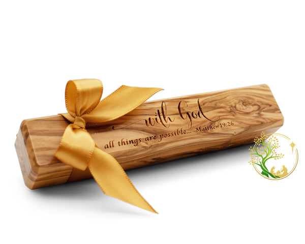Olive wood Pen & Box | Christmas wooden pen box and pen gift from the Holy Land |wooden pen case engraved "with God all things are possible"