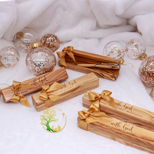 Olive wood Pen & Box | Christmas wooden pen box and pen gift from the Holy Land |wooden pen case engraved "with God all things are possible"