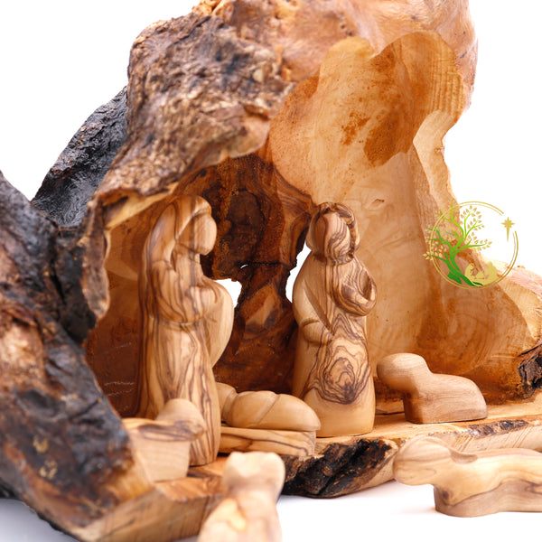 Nativity scene set carved inside an olive tree branch - Holy Land Nativity set - Wooden Manger Scene for Christmas decor