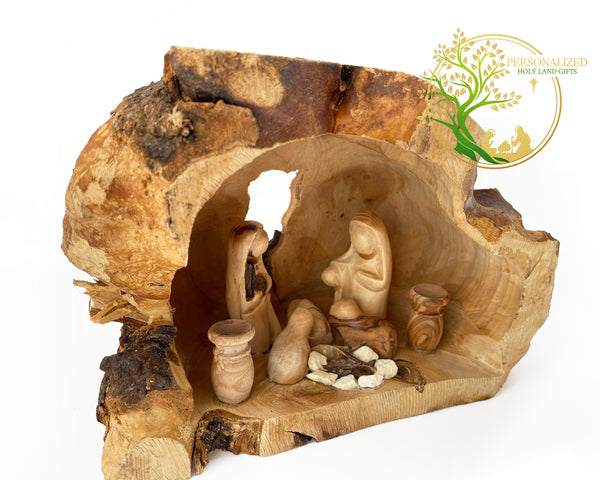 Nativity Set carved inside of olive tree branch | Holy Land Nativity scene | Christmas Decoration