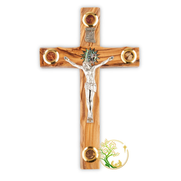 Mother of pearl wall crucifix with relics from the Holy Land | Olive wood wall hanging Catholic cross