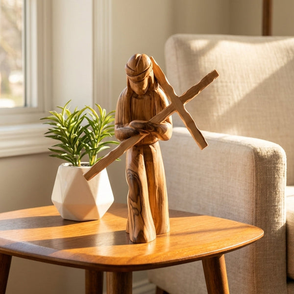 Elegant Hand Carved Olive Wood Statue of Jesus Holding a Cross - Beautiful Religious Art from the Holy Land, Perfect for Spiritual Home Decor