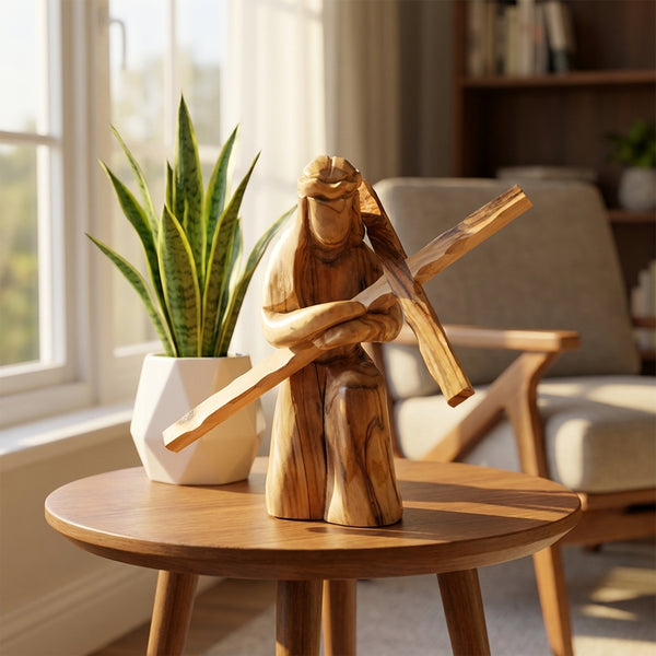 Handcrafted Olive Wood Kneeling Jesus Statue - Abstract Cross Design from the Holy Land, Beautiful Reminder of Jesus' Love and Sacrifice