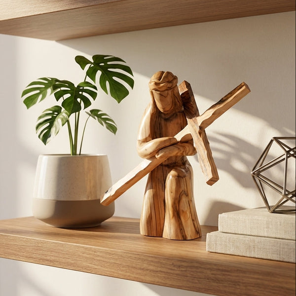 Handcrafted Olive Wood Kneeling Jesus Statue - Abstract Cross Design from the Holy Land, Beautiful Reminder of Jesus' Love and Sacrifice