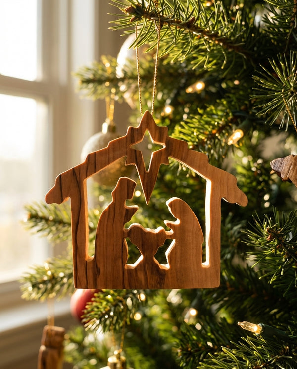 Olive Wood Ornament of the nativity scene - Christmas ornament- Holy Family tree ornament from the Holy Land - Christmas nativity scene