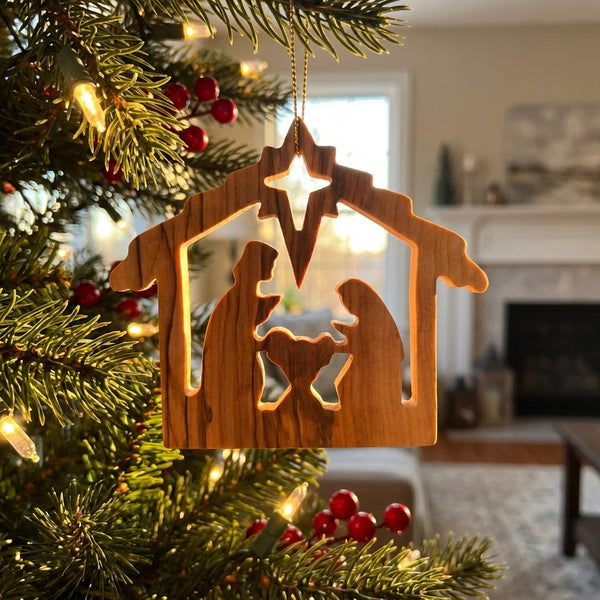 Olive Wood Ornament of the nativity scene - Christmas ornament- Holy Family tree ornament from the Holy Land - Christmas nativity scene
