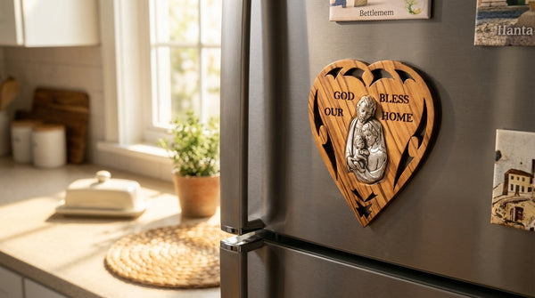 Magnet of the Holy Family | Fridge magnet of an olive wood heart | God Bless Our Home magnet