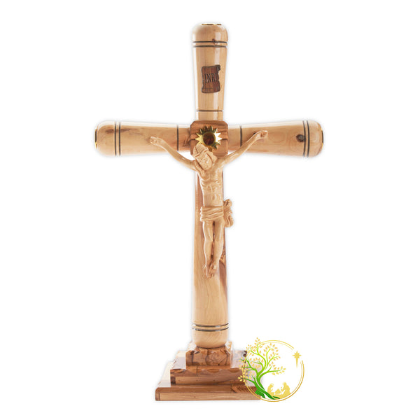 Olive Wood Standing Cross with soil, flowers, leafs and stone from The Holy Land, Bethlehem - Wooden cross & Christ hand carved