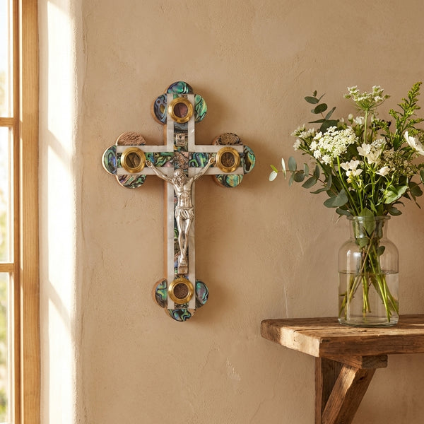 Mother of Pearl & Abalone Crucifix for wall | olive wood wall cross | Religious gift souvenir from the Holy Land