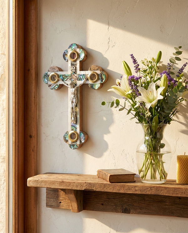 Mother of Pearl & Abalone Crucifix for wall | olive wood wall cross | Religious gift souvenir from the Holy Land