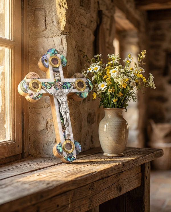 Mother of Pearl & Abalone Crucifix for wall | olive wood wall cross | Religious gift souvenir from the Holy Land