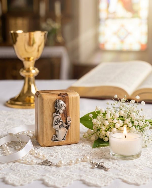 Holy Communion olive wood rosary box for boys | A sacred Holy Land keepsake boy box for confirmation