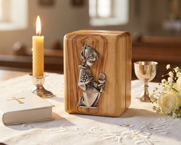 Rosary Box for baptism | First Communion, Baptism, Confirmation small Trinket Box Gift from Godparents | Keepsake Olive wood box for girls