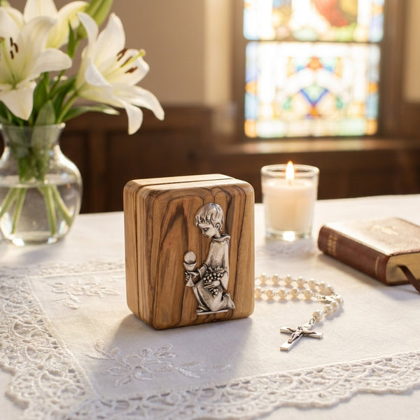 Rosary Box for baptism | First Communion, Baptism, Confirmation small Trinket Box Gift from Godparents | Keepsake Olive wood box for girls