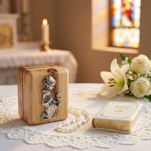 Rosary Box for baptism | First Communion, Baptism, Confirmation small Trinket Box Gift from Godparents | Keepsake Olive wood box for girls