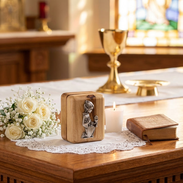 Holy Communion olive wood rosary box for girls | A sacred Holy Land keepsake girls box for confirmation