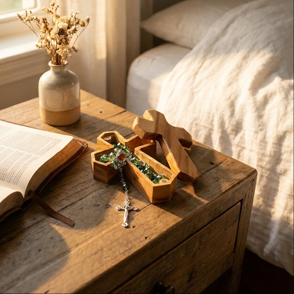 Olive Wood Cross Rosary Box: Personalized Keepsake for first communion, wooden cross box for jewelry
