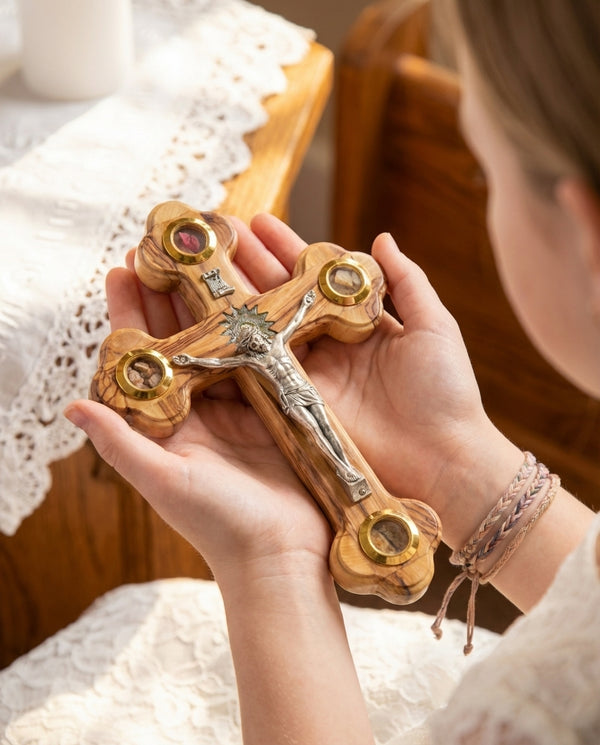 Wall hanging Cross Made from Olive Wood /Wooden Cross with Mother of Pearl Bethlehem Star - Communion Crucifix, Baptism or Christening Gifts