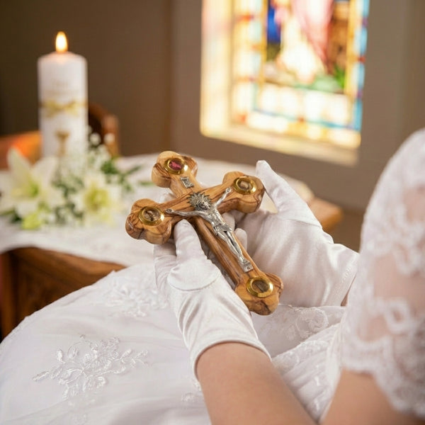 Wall hanging Cross Made from Olive Wood /Wooden Cross with Mother of Pearl Bethlehem Star - Communion Crucifix, Baptism or Christening Gifts