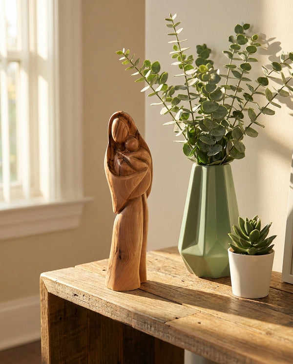 Hand-Carved Olive Wood Statue of Mother Mary Holding Baby Jesus | Authentic Holy Land Art | Meaningful Christian Decor