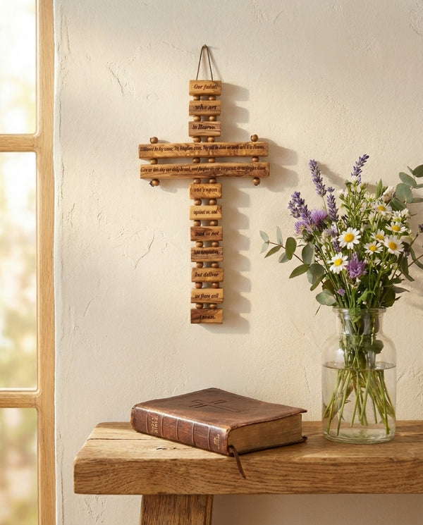 Our Father's prayer cross | Olive wood religious wall hanging God's prayer | Our Father's prayer engraved on wooden cross