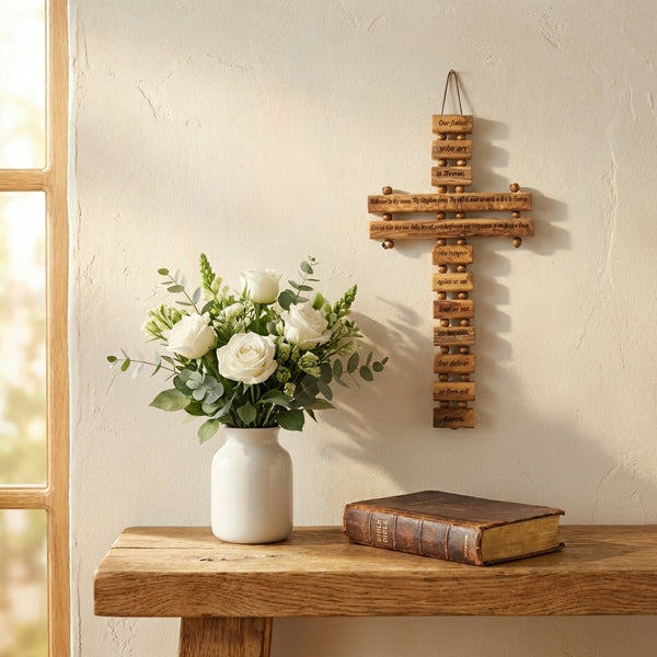 Our Father's prayer cross | Olive wood religious wall hanging God's prayer | Our Father's prayer engraved on wooden cross