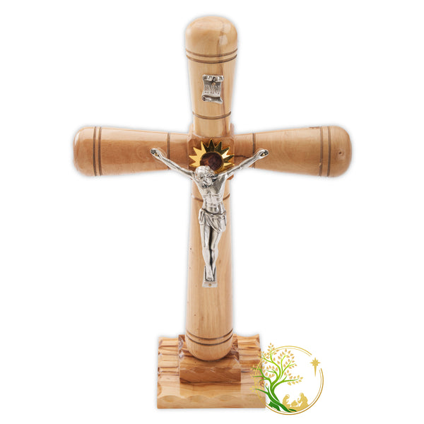 Olive Wood Standing Cross with soil, flowers, leafs and stone from The Holy Land, Bethlehem - Wooden cross & Christ hand carved