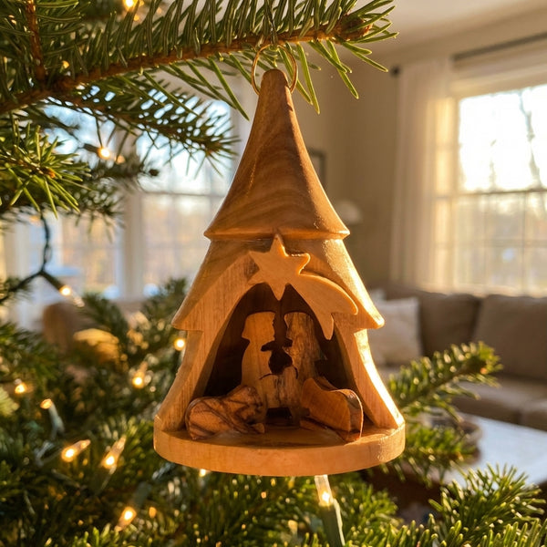 Christmas Bell Ornament | Nativity Scene Bell tree Ornament from Holy Land | Olive Wood Bethlehem Nativity bell | Christmas tree decoration