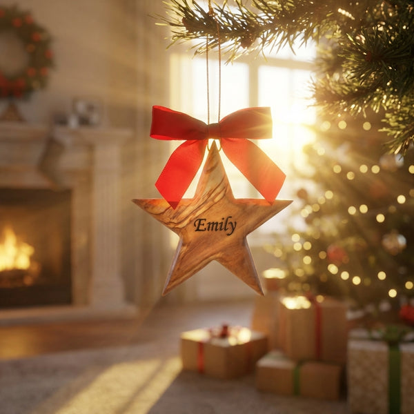 Personalized Olive Wood Star Ornament: Custom Family Name Gift