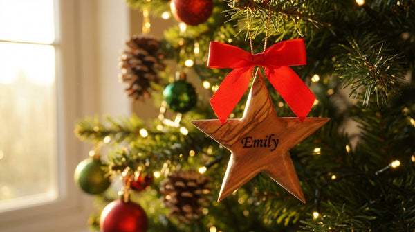 Personalized Olive Wood Star Ornament: Custom Family Name Gift