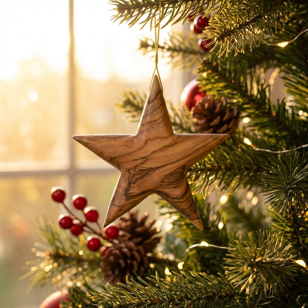 Personalized Christmas star ornament | Olive wood customized name tree ornament