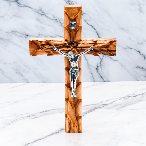 Handmade Olive Wood Crucifix with Thorn Crown Design | Symbol of Faith from the Holy Land | Unique Religious Decor