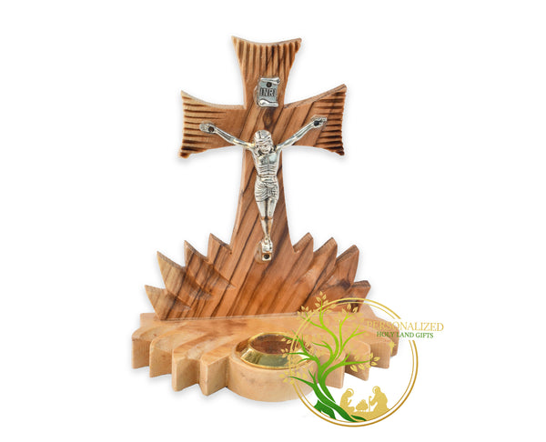 Standing wooden Cross for Car Dashboard Decoration Accessory - Made of Olive Wood in Bethlehem - Small Glass filled with Jerusalem Incense