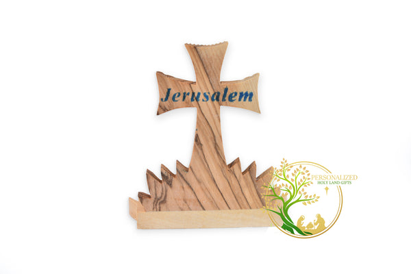 Standing wooden Cross for Car Dashboard Decoration Accessory - Made of Olive Wood in Bethlehem - Small Glass filled with Jerusalem Incense