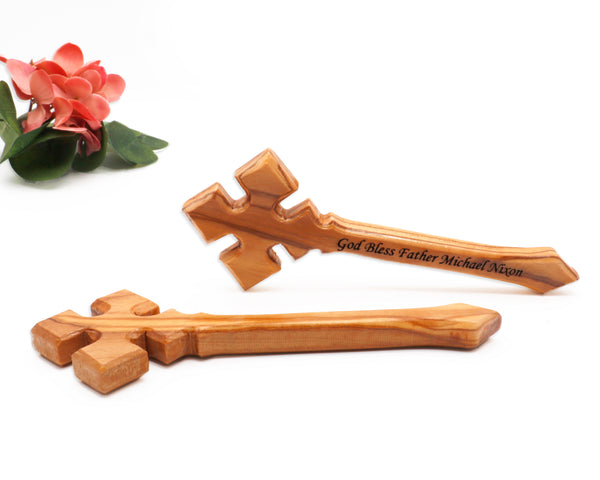 Customizable Hand-Carved Olive Wood Priest's Blessing and Priest's Ceremonial Cross, Personalized Symbols of Faith from the Sacred Holy Land