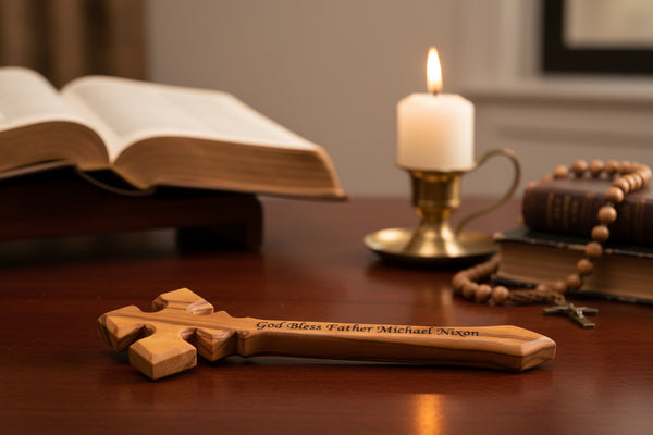 Customizable Hand-Carved Olive Wood Priest's Blessing and Priest's Ceremonial Cross, Personalized Symbols of Faith from the Sacred Holy Land
