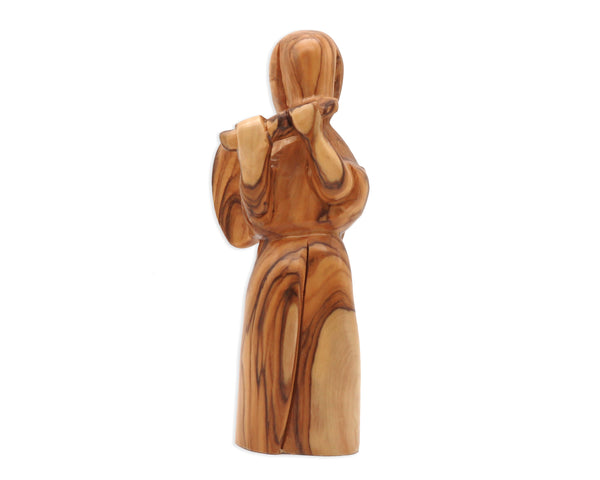 Sacred Melodies: Hand-Carved Olive Wood Angel Playing Flute Statue from the Holy Land - A Heavenly Masterpiece of Faith and Harmony