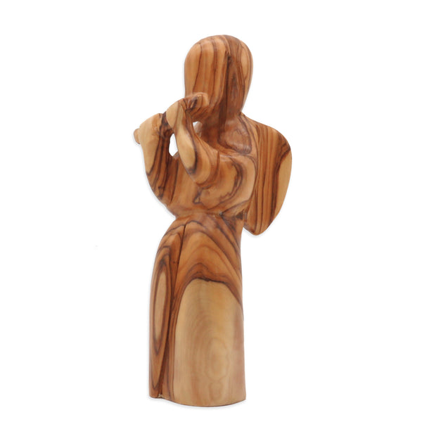 Sacred Melodies: Hand-Carved Olive Wood Angel Playing Flute Statue from the Holy Land - A Heavenly Masterpiece of Faith and Harmony