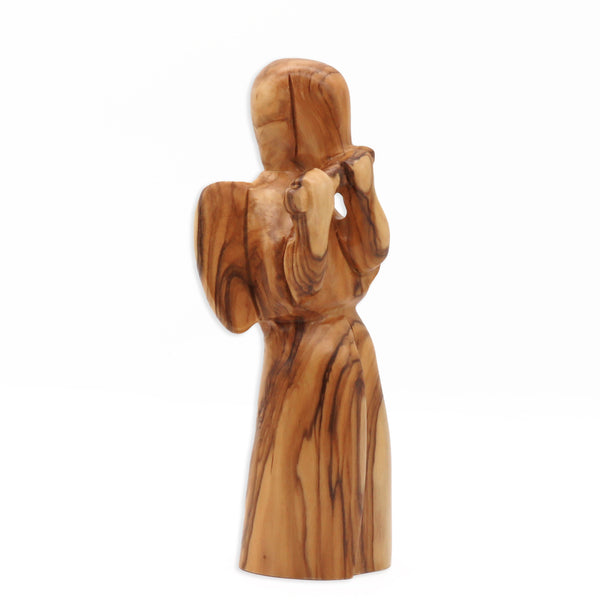 Sacred Melodies: Hand-Carved Olive Wood Angel Playing Flute Statue from the Holy Land - A Heavenly Masterpiece of Faith and Harmony