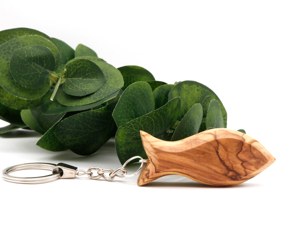 Hand-Carved 3D Olive Wood Fish Keychain, A Symbol of Christianity and Faith Crafted from the Holy Land's Blessed Olive Trees.