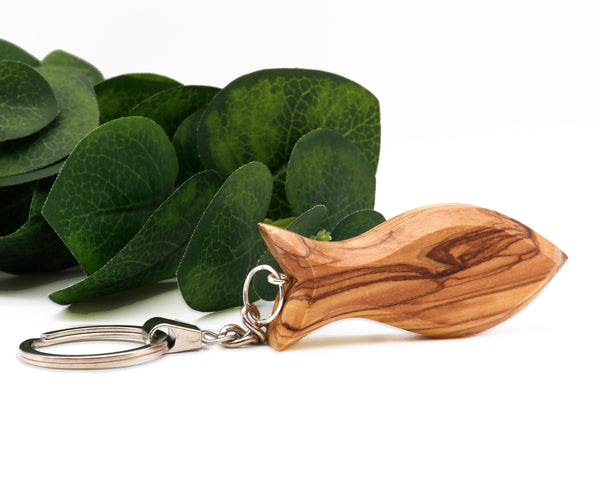 Hand-Carved 3D Olive Wood Fish Keychain, A Symbol of Christianity and Faith Crafted from the Holy Land's Blessed Olive Trees.