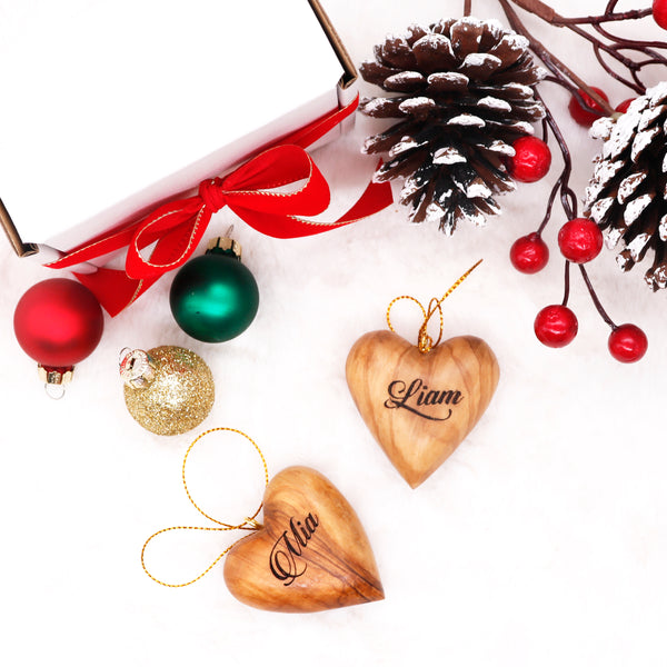 Personalized Heart ornament | Olive wood 3D wooden heart Christmas | wedding anniversary Name heart ornament | Newlywed love Gift for her