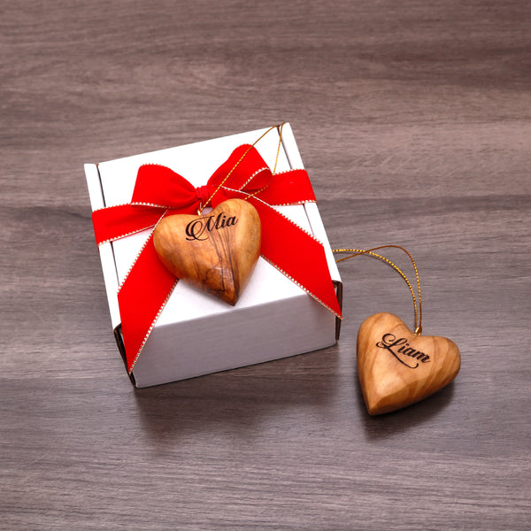 Personalized Heart ornament | Olive wood 3D wooden heart Christmas | wedding anniversary Name heart ornament | Newlywed love Gift for her